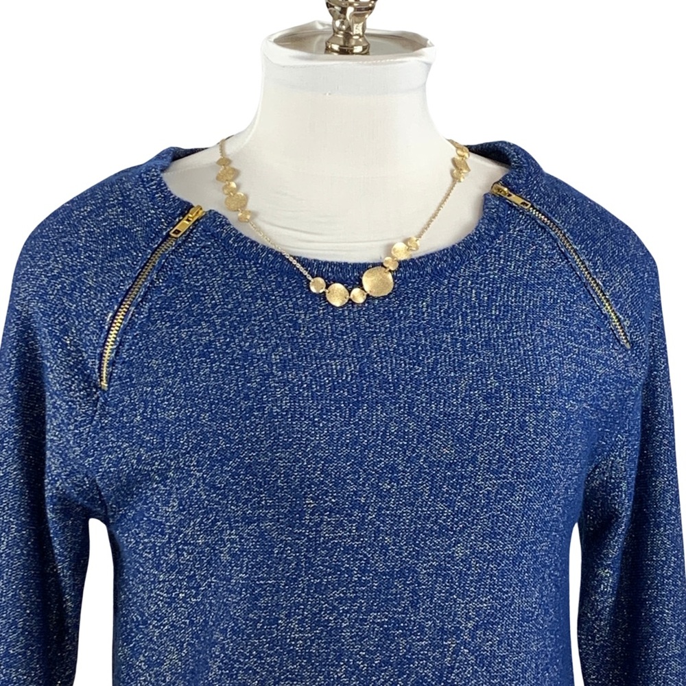 BISOU BISOU Blue w/ Metallic Zippered Shoulders Long Sleeve Sweater size Large - Picture 9 of 14